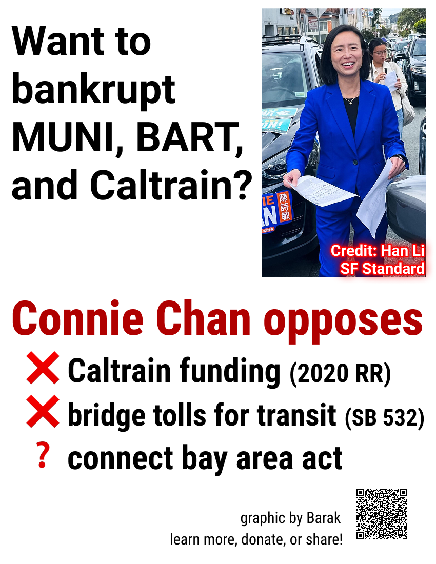 Flyer: Want to bankrupt MUNI, BART, and Caltrain? Connie Chan opposes Caltrain funding and bridge tolls for transit