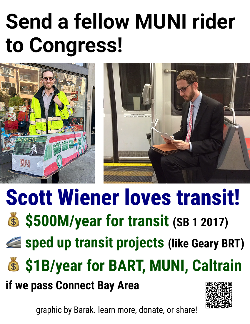Flyer: Send a fellow MUNI rider to Congress — Scott Wiener loves transit